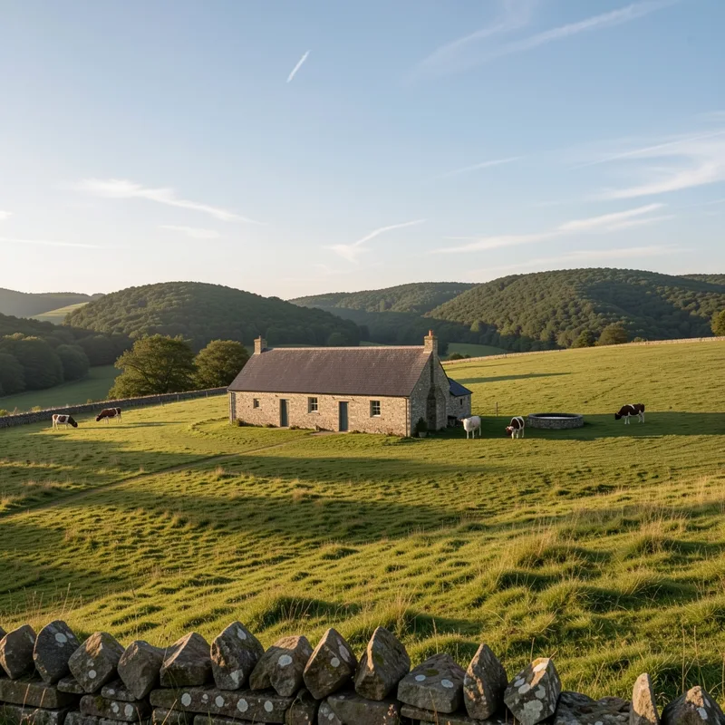 Bâtiment de ferme en pierre isolé sur un haut pâturage de montagne, troupeau au loin, lumière de fin de journée