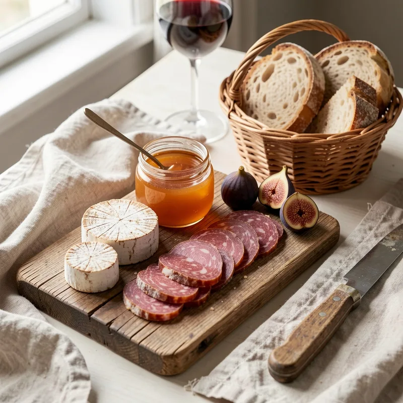 Assiette de charcuterie fermière et fromage de chèvre posée sur une longue table en bois brut, panier de pain à côté