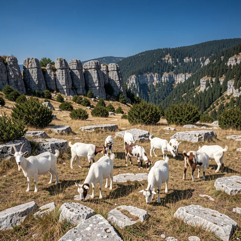 Chèvres pâturant sur un plateau calcaire sec parsemé de buis, relief de montagne en arrière-plan