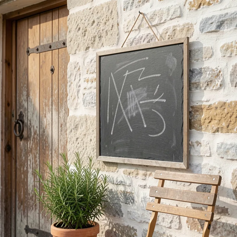 Ardoise de menu manuscrite accrochée à un mur de pierre près de la porte d&rsquo;une auberge de campagne