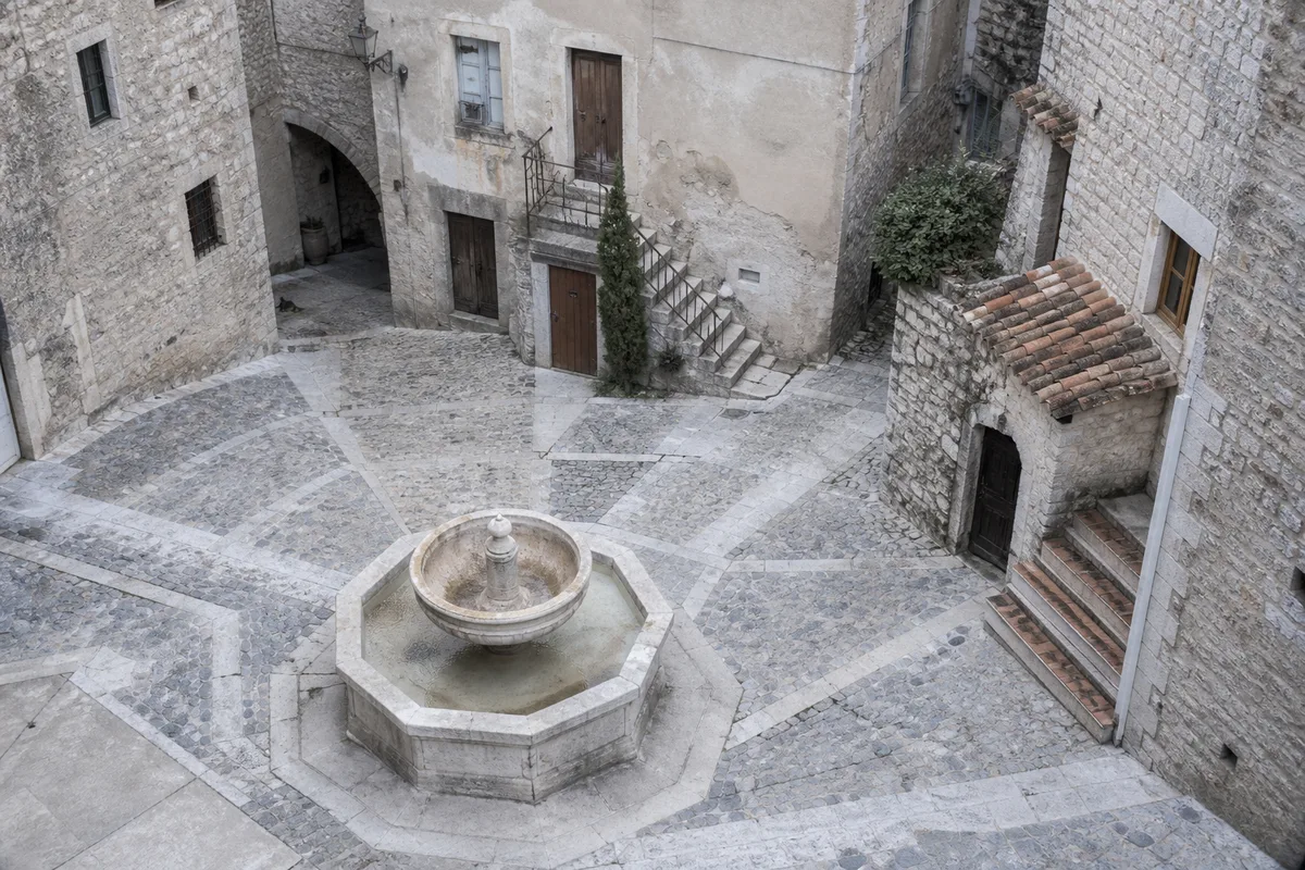 Fontaine de pierre et façades anciennes au coeur d&rsquo;un village des Alpes-Maritimes