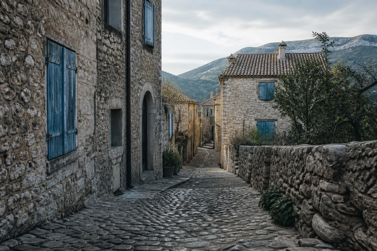 Ruelle pavée d’un village perché des Préalpes d’Azur avec volets bleus et murs de pierre