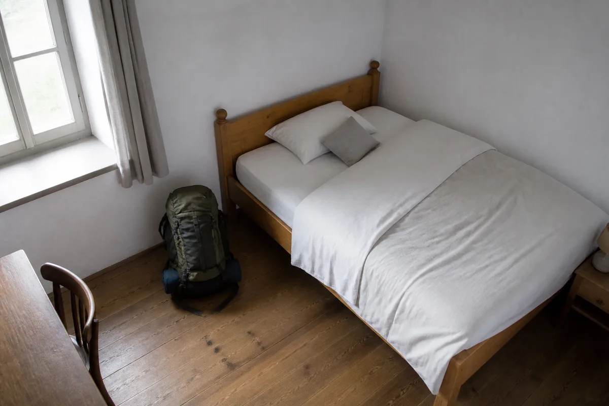 Chambre sobre aux murs blancs avec lit en bois et sac de randonnée posé au sol