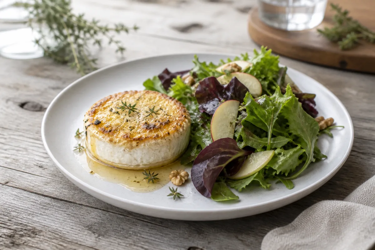 Assiette de fromage de chèvre chaud, miel de thym et salade de saison sur une table en bois