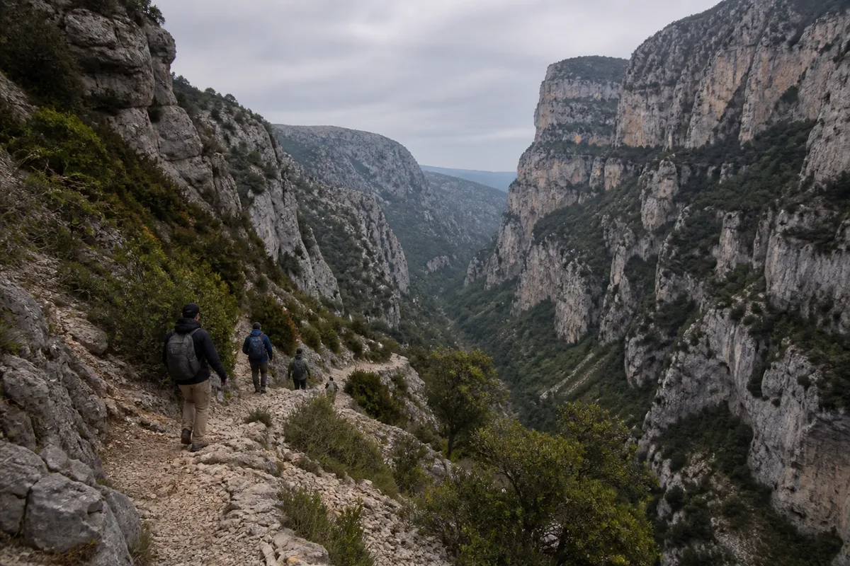 Marcheurs progressant sur un sentier escarpé descendant vers le fond du canyon