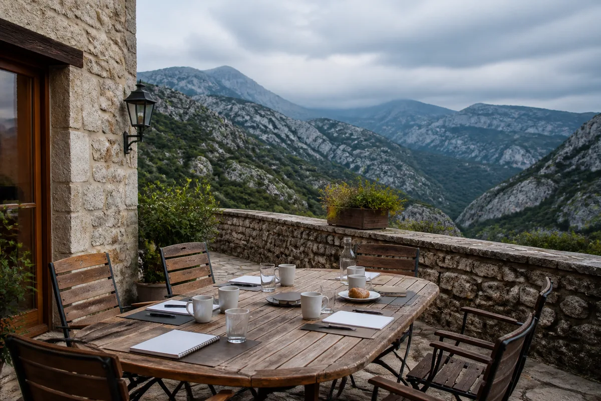 Terrasse d&rsquo;auberge aménagée pour une réunion de travail avec vue sur les Préalpes d&rsquo;Azur