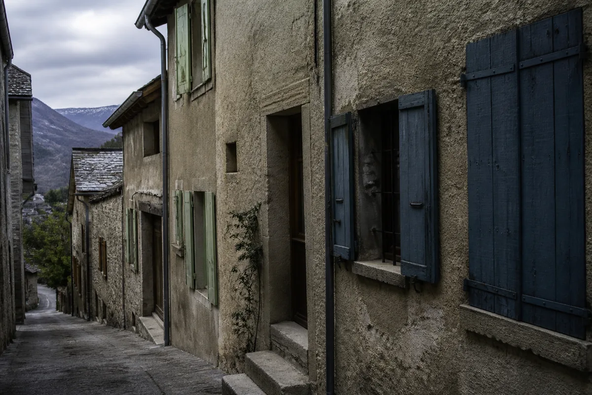 Ruelle étroite en pente bordée de façades anciennes et de volets peints dans un village des Préalpes